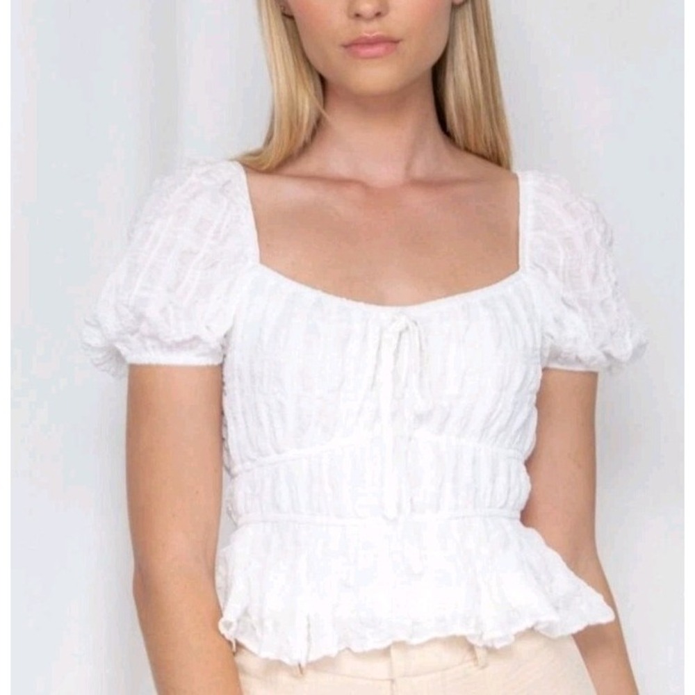 Petal & Pup‎ Puff Sleeve Smocked Crop Top Sz 4 Ivory White Boho Western Gauze
